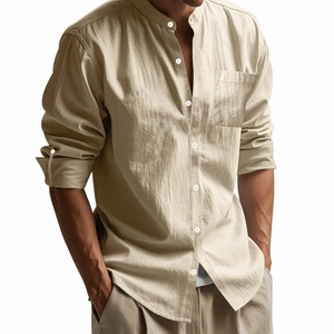 Detailed shot of khaki linen shirt featuring a mandarin collar and chest pocket texture