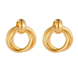 Minimalist gold geometric triple loop earrings featuring a polished stainless steel finish