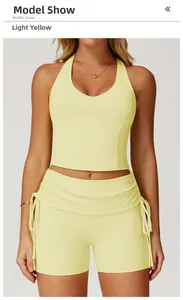 Yoga-Set für Damen in Keimgelb mit V-Ausschnitt Neckholder-Top und Shorts mit Kordelzug