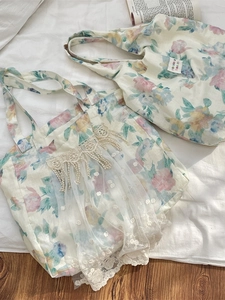 Floral Print Cotton Linen Shoulder Bag With Lace Overlay French Pastoral Style Large Capacity Tote For Women