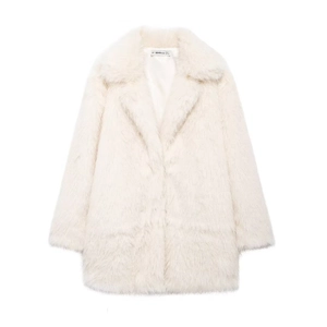 Faux Fur Coat Women Lapel Collar Mid Length Loose Plush Jacket Elegant Warm Outerwear Solid Color
