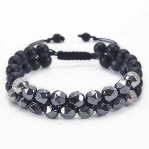 Layered Natural Stone Beaded Bracelet With Matte Onyx Hematite Tiger Eye Stainless Steel Adjustable Woven Cord Unisex