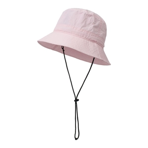 Detailed view of pink bucket hat with adjustable black wind cord and breathable side vents