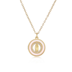 18K gold plated necklace featuring a mother of pearl Virgin Mary cross pendant