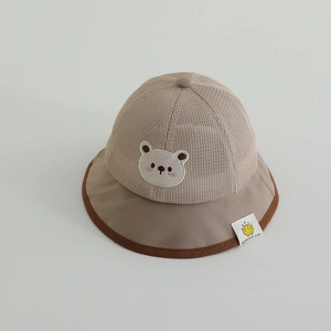 Detail view of breathable summer mesh sun hat for kids with cute bear embroidery