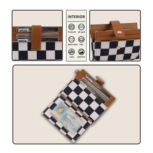 Detail view of the checkerboard RFID card wallet interior with multiple slots and coin pocket