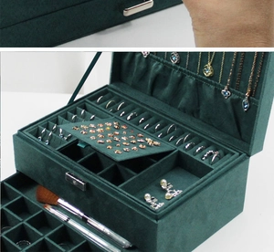 Three-layer dark green velvet jewelry box with metal lock and organized compartments