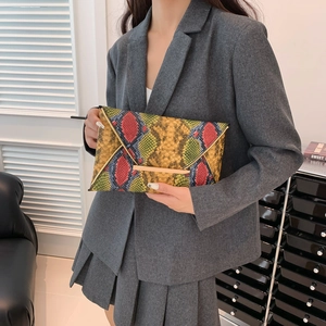 Multicolor snake pattern envelope clutch bag with gold metal trim held by a model