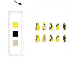 Detail of yellow and black geometric almond press-on nails with abstract wave patterns