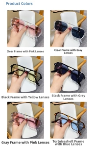 Detailed grid showing six color options of square double-bridge sunglasses with metal temples