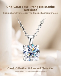 Detailed macro view of 1 carat moissanite pendant with classic four-prong silver setting