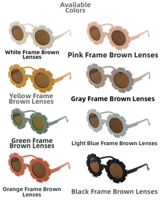 Detailed grid of flower-shaped kids sunglasses in eight various vibrant matte colors