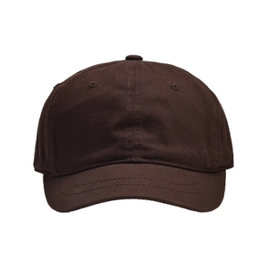 Close-up of deep brown cotton canvas baseball cap featuring 6-panel structure and stitching