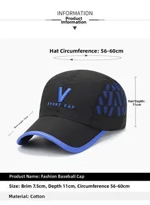 Size specifications and cotton material detail for this V-letter embroidered baseball cap