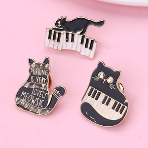 3Pcs Creative Black Cat Piano Enamel Brooch Set For Women Music Theme Alloy Drip Oil Lapel Pin Clothes Jewelry Accessory