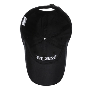 Vintage black washed denim baseball cap with white embroidered letters and adjustable strap