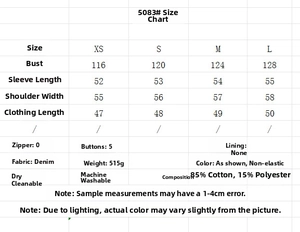 Size guide table for women's denim jacket and midi skirt showing measurements and fabric details