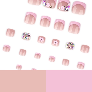 French light pink square press-on toenails with floral patterns and colorful rhinestones
