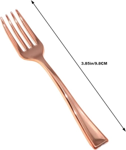 Detail shot of 9.8cm rose gold disposable mini dessert fork with size measurement