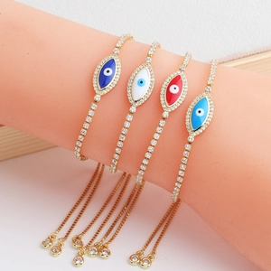 Evil Eye Bracelet Copper Gold Plated Cubic Zirconia Enamel Marquise Turkish Adjustable Slider Clasp Fashion For Women