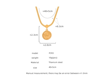 Detailed view of titanium steel coin necklace with 40+5cm chain and product dimensions