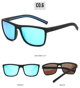 Polarized sports sunglasses from 45-degree, front, and back views with blue lenses