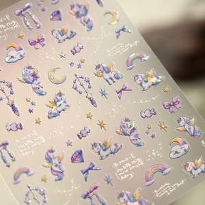 Holographic unicorn and rainbow nail art stickers with iridescent laser finish