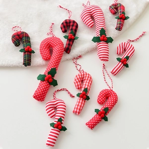 Christmas Fabric Candy Cane Hanging Ornaments Red White Plaid Stripe Polka Dot Xmas Tree Decorations For Home Party Gift
