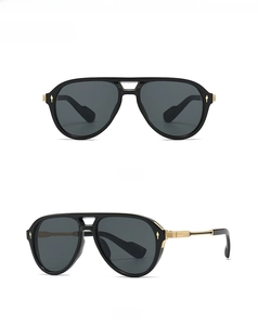 Men's black aviator sunglasses with gold double bridge and temple accents, front and side view
