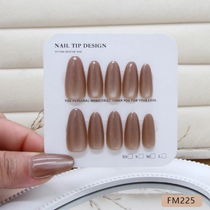 Handmade ice tea cat-eye press-on nails in nude milk tea color on a display card