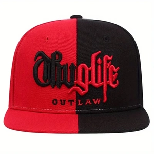 Cappellino hip-hop bicolore rosso e nero con ricamo Thuglife stile gotico