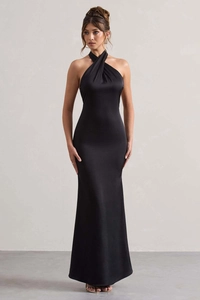 Elegante abito da sera nero in raso con scollo all'americana e silhouette aderente