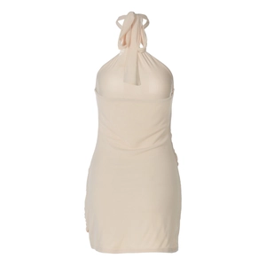 Detail view of the mesh stitching and smooth elastic fabric on the beige bodycon dress