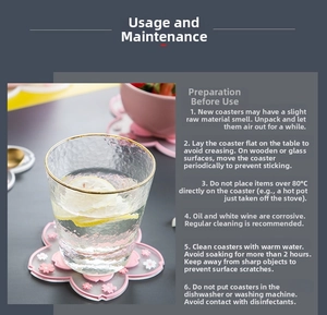 Pink cherry blossom silicone coaster showing heat resistance with a glass of water