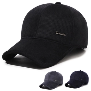 Men Winter Baseball Cap With Foldable Ear Protection Thick Warm Woolen Peaked Hat Outdoor Windproof Solid Color