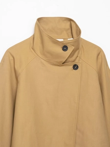 Detail of khaki jacket showing high stand collar and contrasting dark button closure