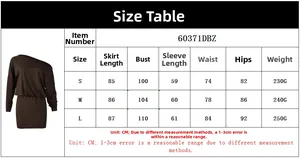 Size chart detail for off-shoulder bodycon dress with measurements in cm for S to L
