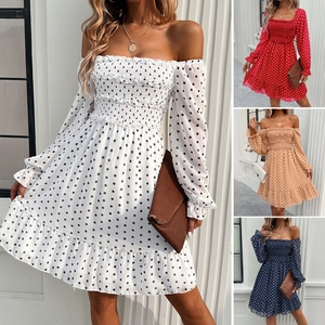 Women Polka Dot Chiffon Dress Off Shoulder Long Lantern Sleeve Smocked Mini Ruffle Hem Elegant Casual Sundress
