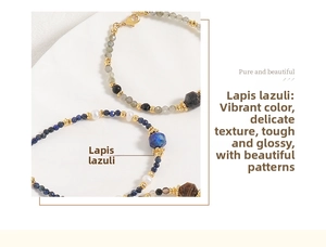 Macro detail of natural stone beaded bracelets with lapis lazuli and gold hardware