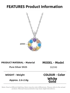 Detailed close-up of 925 sterling silver rainbow pendant necklace with multicolor gems