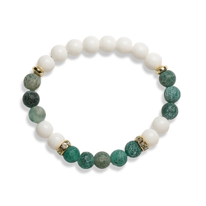 Elastic beaded bracelet with white ceramic stones and green cracked agate beads