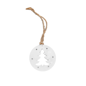 White iron Christmas ornament with snowflake cutout on a rustic jute rope hanger