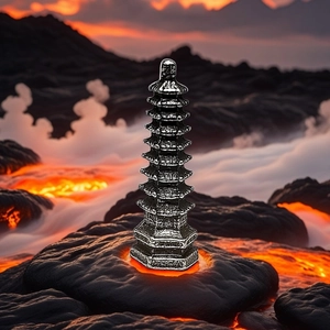 Miniature silver metal pagoda sculpture for zen gardening on decorative lava rock base