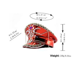 Close-up of red sequined military hat with silver studs, rhinestones and size details