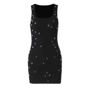 Abito mini nero a costine senza maniche con decorazioni di strass a goccia