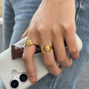18K gold plated celestial sun and moon rings with hammered texture for a vintage look