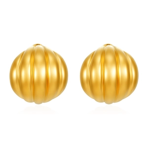 Macro detail of 18k gold plated stainless steel stud earrings with vertical ribbed texture