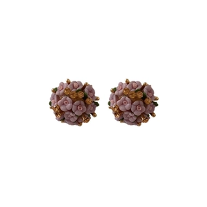 Elegant purple ceramic flower cluster stud earrings with gold leaves and amber stones