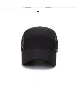 Front view of black quick-dry five-panel baseball cap with grey reflective side lines