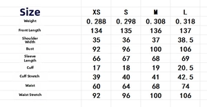 Tableau des tailles pour robe longue en mousseline avec mesures détaillées et poids